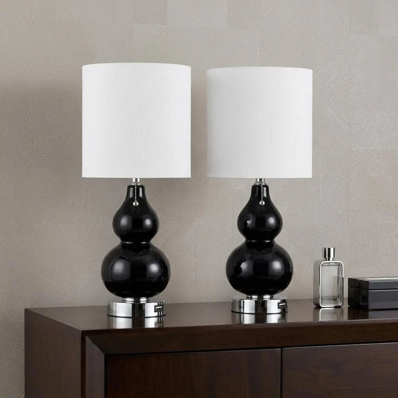 Set of Two 22" Silver Gourd Table Lamps With Drum Shades Homeroots Lighting