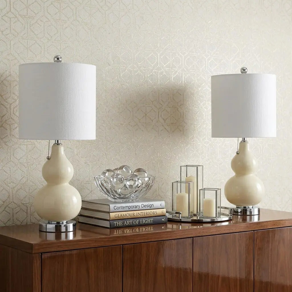 Set of Two 22" Silver Gourd Table Lamps With Drum Shades Homeroots Lighting