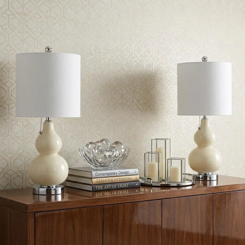 Set of Two 22" Silver Gourd Table Lamps With Drum Shades Homeroots Lighting