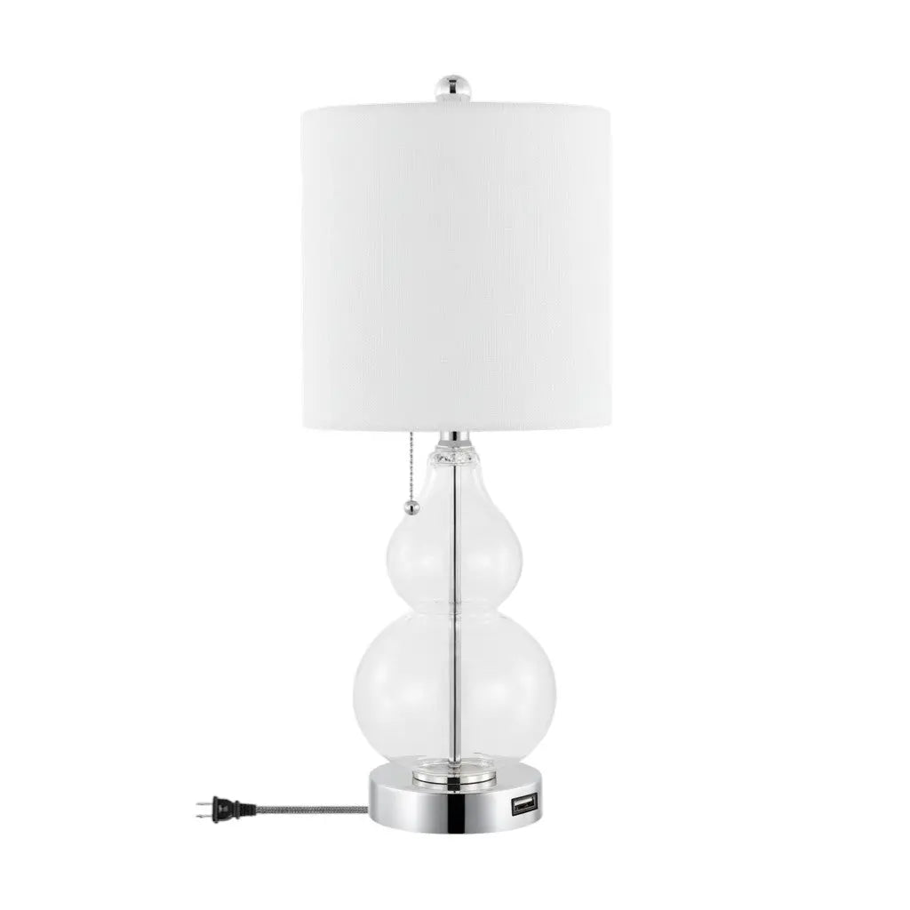 Set of Two 22" Silver Gourd USB Bedside Lamps With Drum Shades Homeroots Lighting