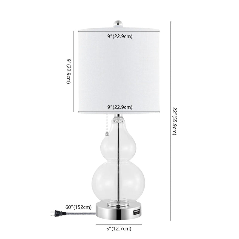 Set of Two 22" Silver Gourd USB Bedside Lamps With Drum Shades Homeroots Lighting