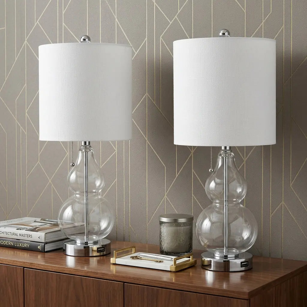 Set of Two 22" Silver Gourd USB Bedside Lamps With Drum Shades Homeroots Lighting