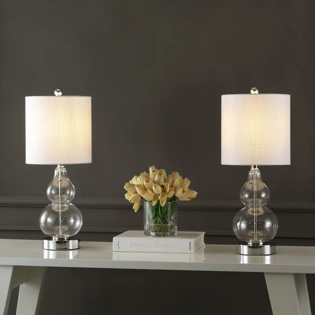 Set of Two 22" Silver Gourd USB Bedside Lamps With Drum Shades Homeroots Lighting