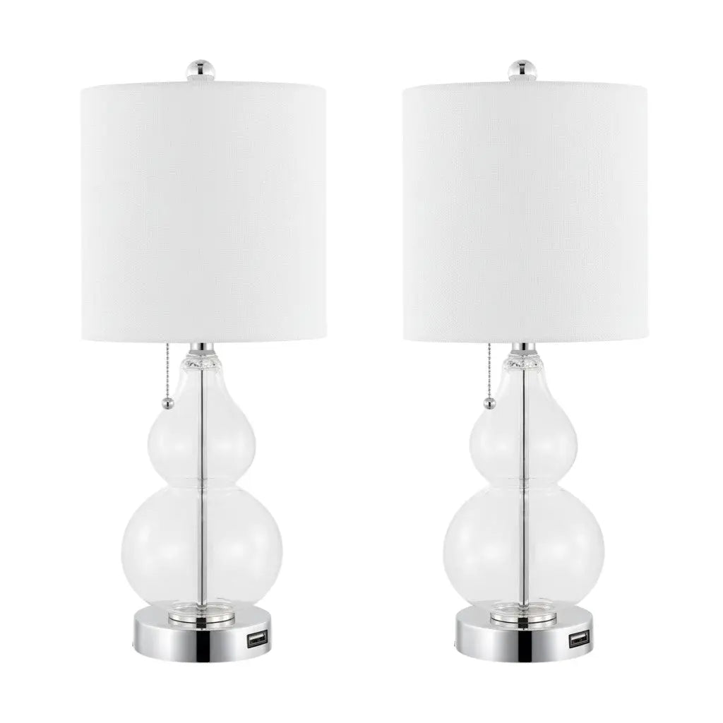 Set of Two 22" Silver Gourd USB Bedside Lamps With Drum Shades Homeroots Lighting