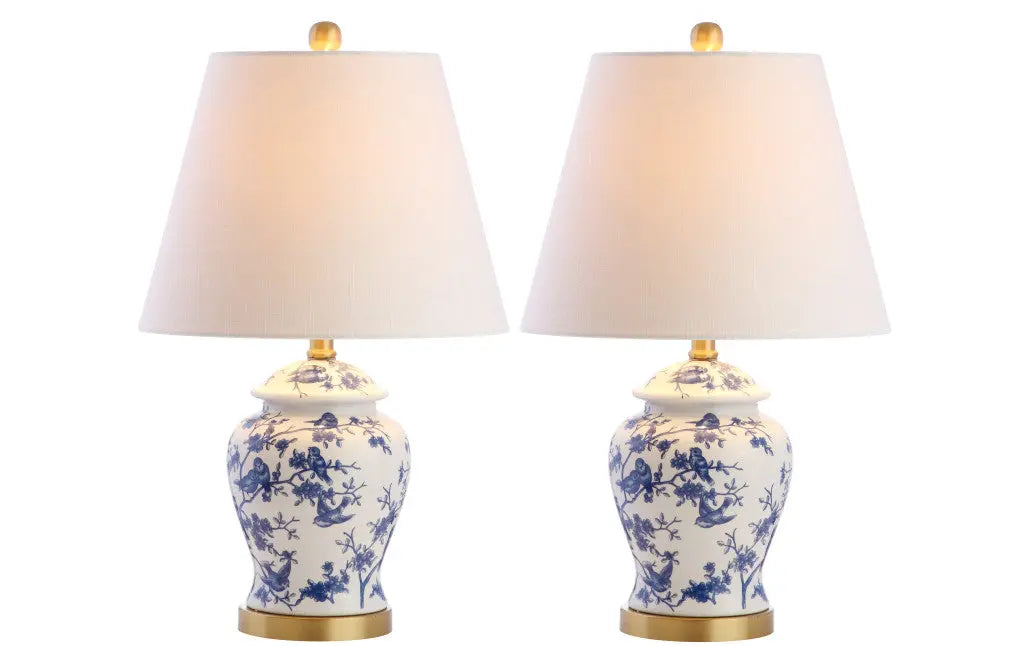 Set of Two 22" White Blue And Gold Urn Table Lamps With Empire Shades Homeroots Lighting