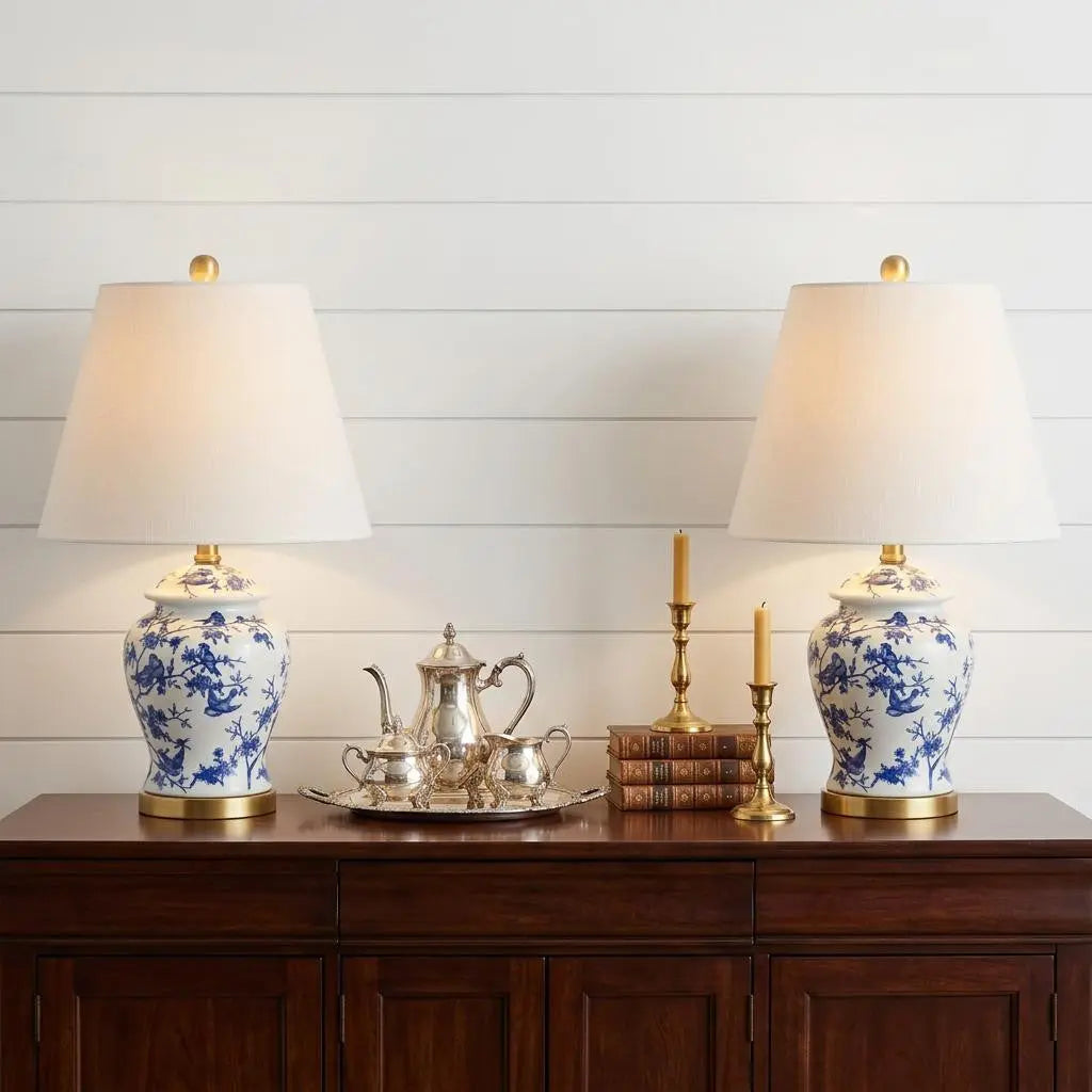 Set of Two 22" White Blue And Gold Urn Table Lamps With Empire Shades Homeroots Lighting