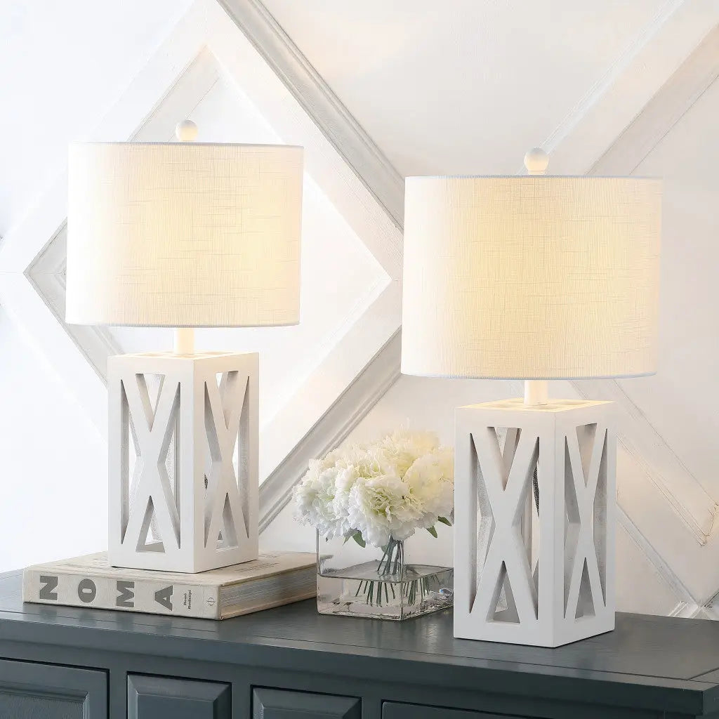 Set of Two 22" White Table Lamps With Drum Shades Homeroots Lighting
