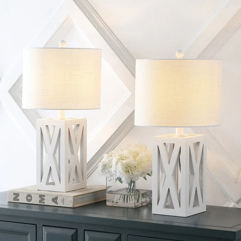 Set of Two 22" White Table Lamps With Drum Shades Homeroots Lighting