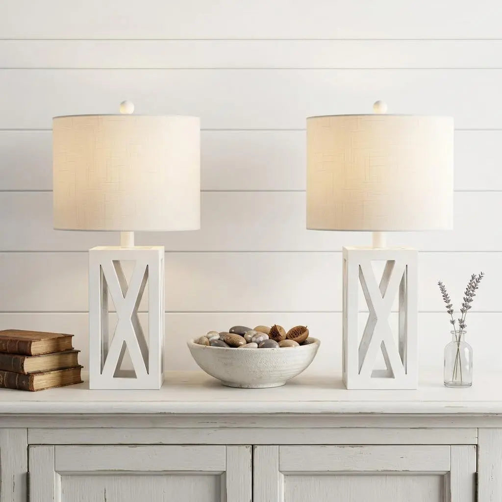 Set of Two 22" White Table Lamps With Drum Shades Homeroots Lighting