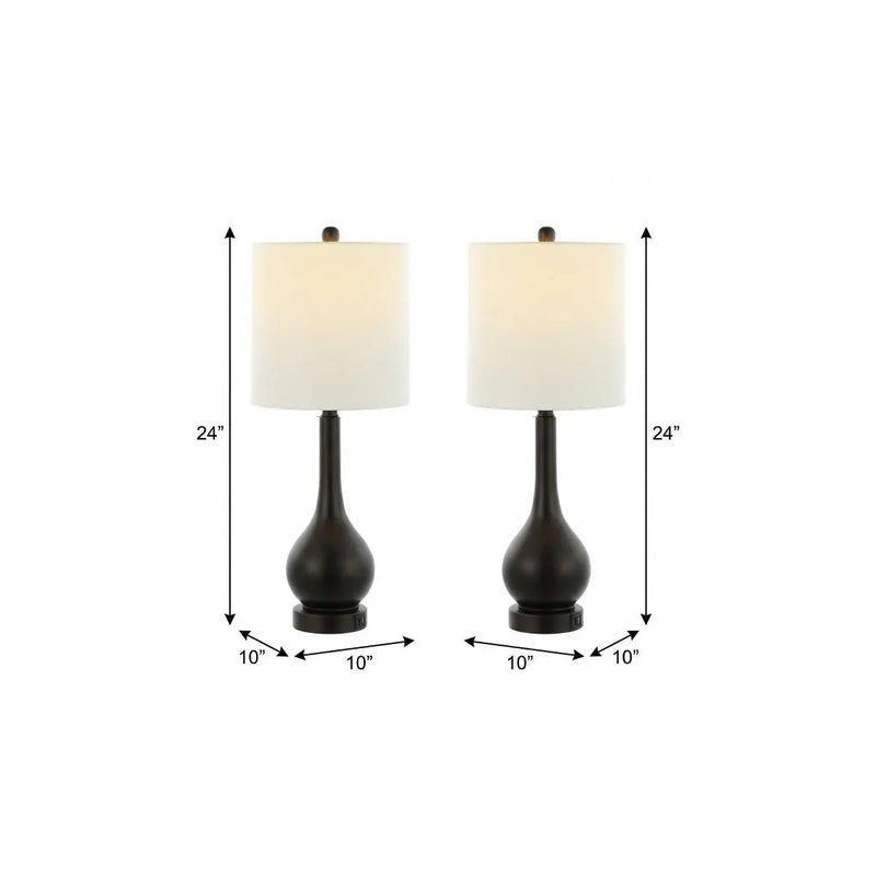 Set of Two 24" Antiqued Bronze Gourd Table Lamps With Drum Shades Homeroots Lighting