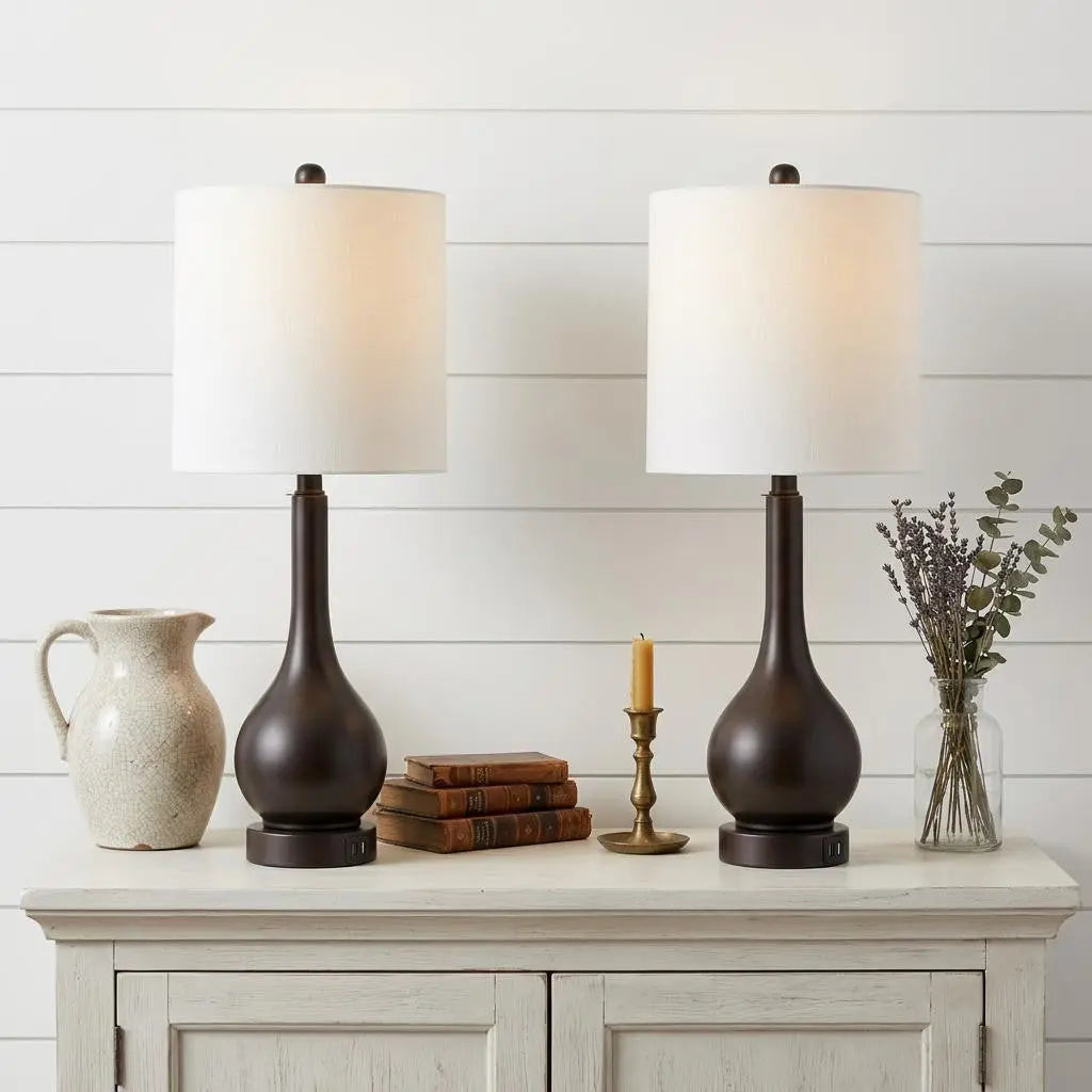 Set of Two 24" Antiqued Bronze Gourd Table Lamps With Drum Shades Homeroots Lighting