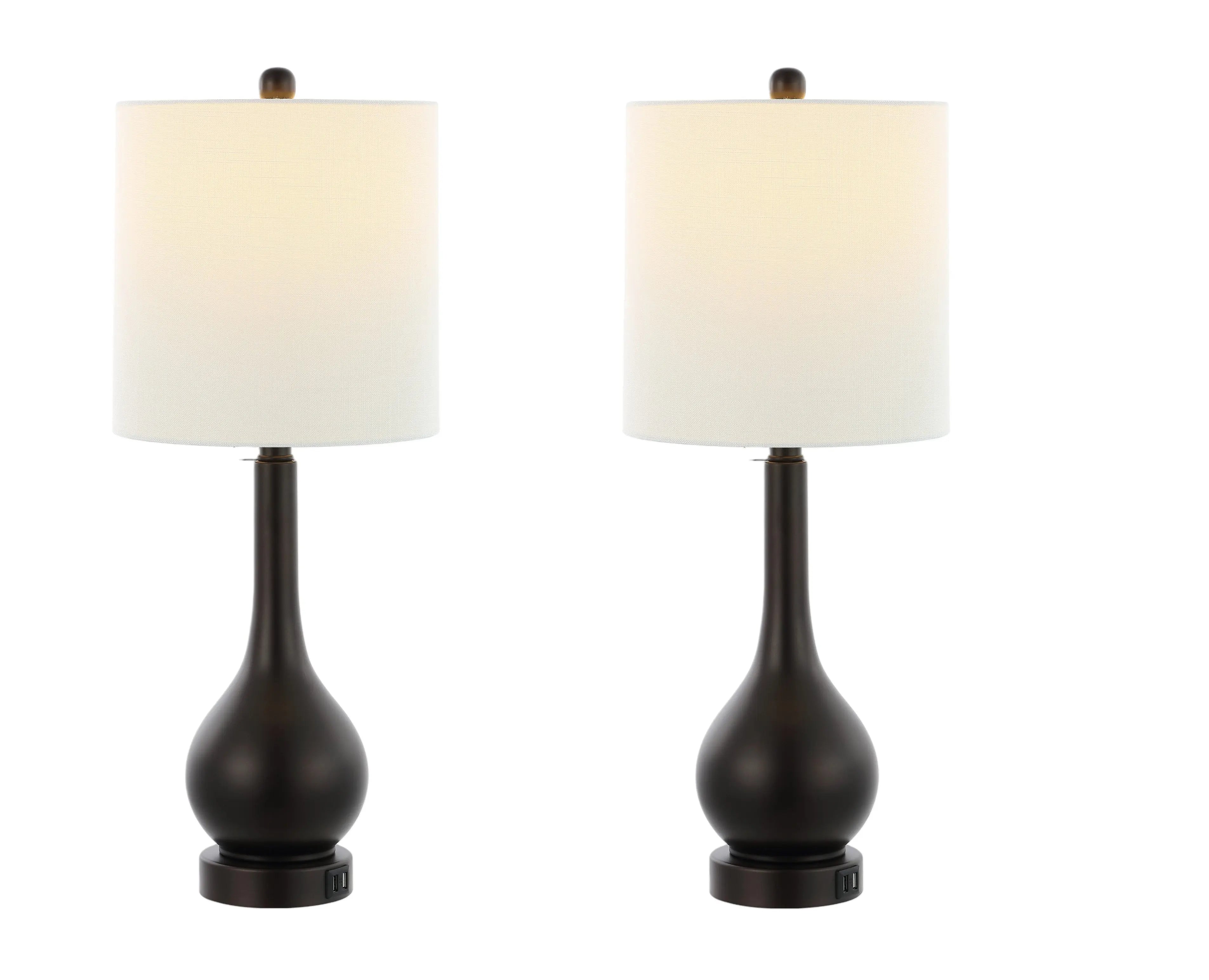 Set of Two 24" Antiqued Bronze Gourd Table Lamps With Drum Shades Homeroots Lighting