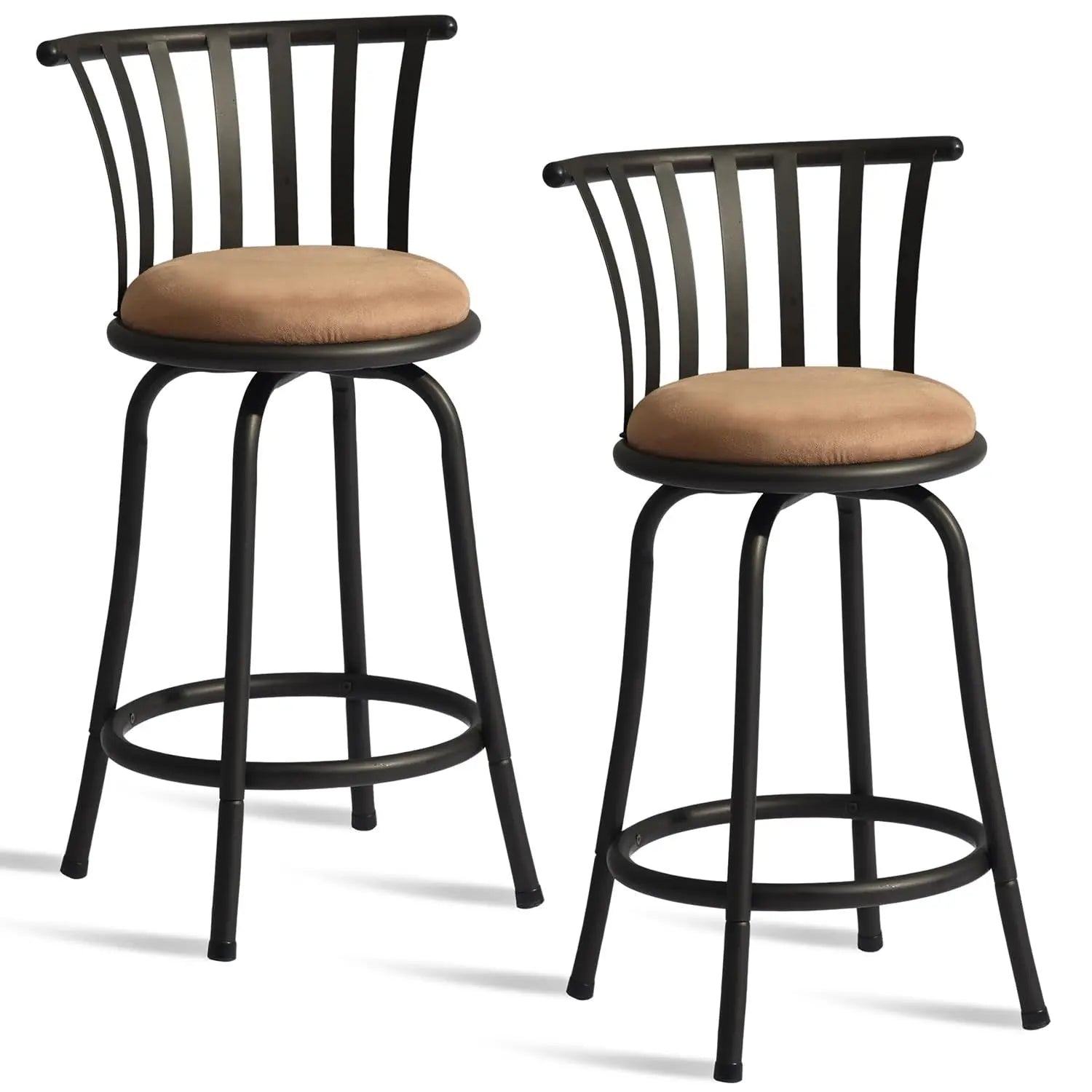 Set of Two 24" Brown and Black Microfiber and Metal Low Back Counter Height Swivel Bar Chairs Homeroots Living Room