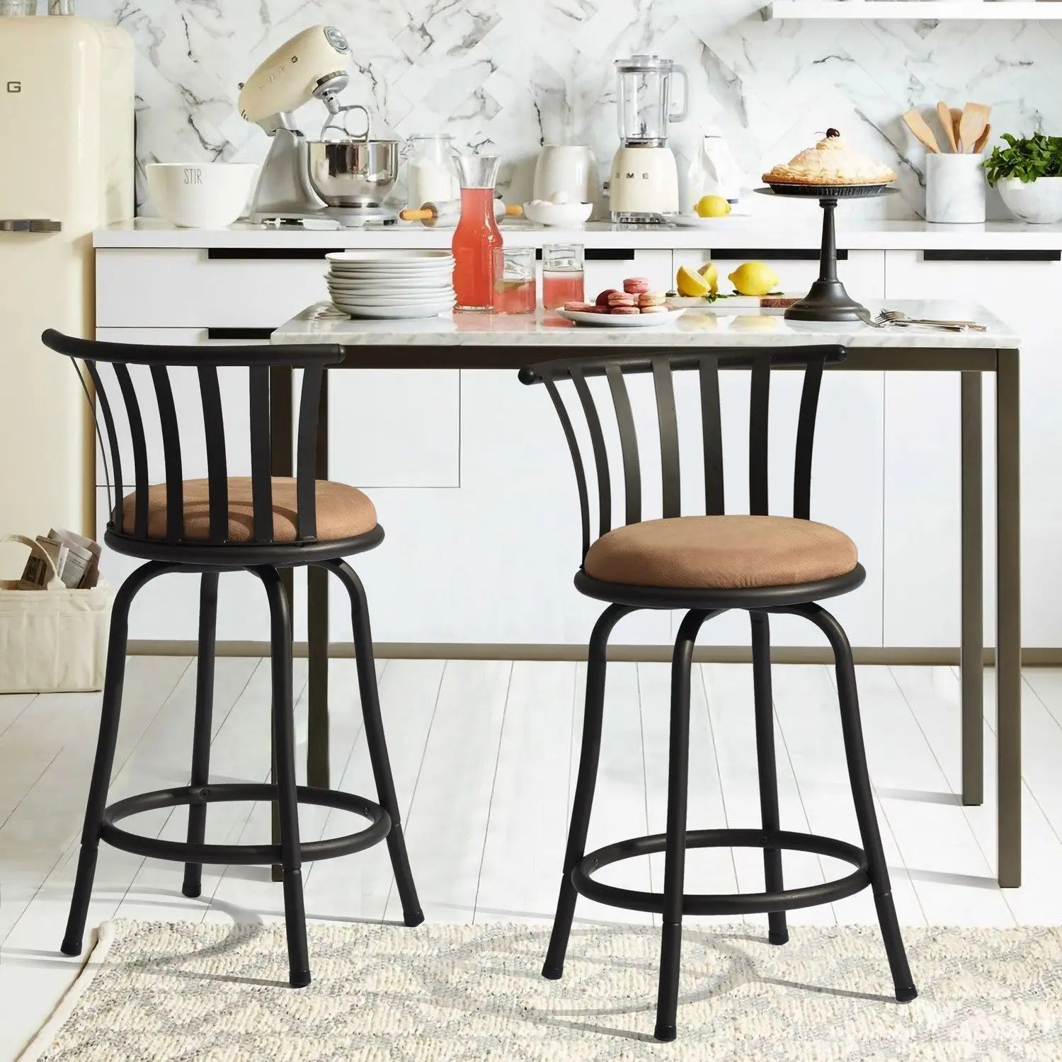 Set of Two 24" Brown and Black Microfiber and Metal Low Back Counter Height Swivel Bar Chairs Homeroots Living Room