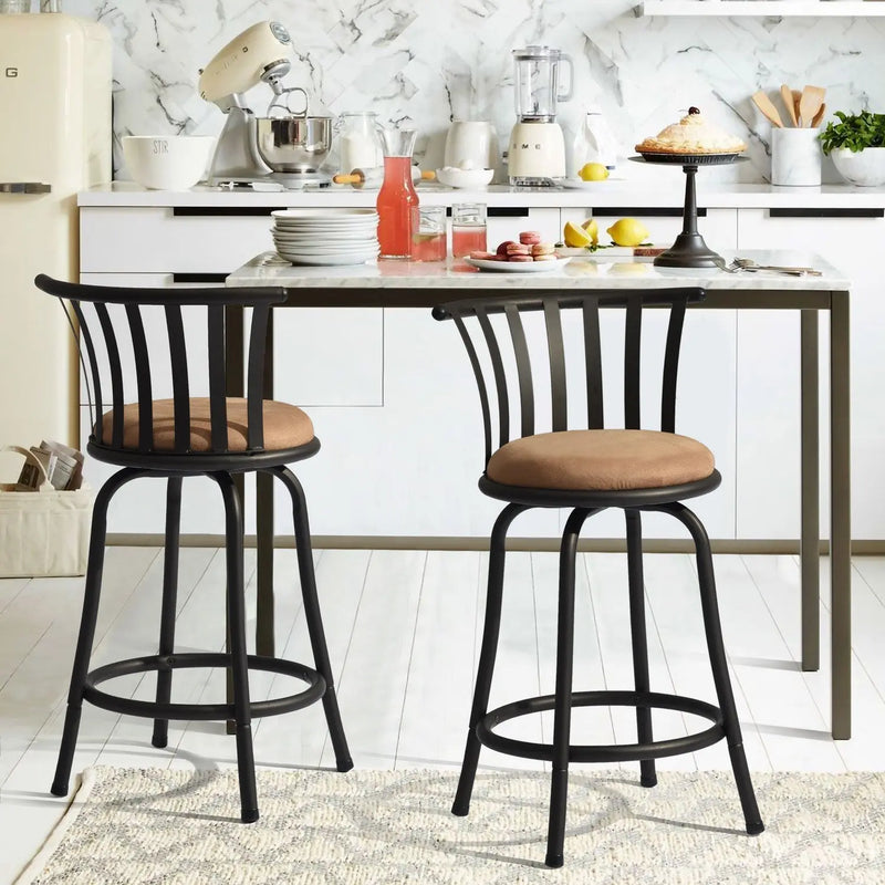 Set of Two 24" Brown and Black Microfiber and Metal Low Back Counter Height Swivel Bar Chairs Homeroots Living Room