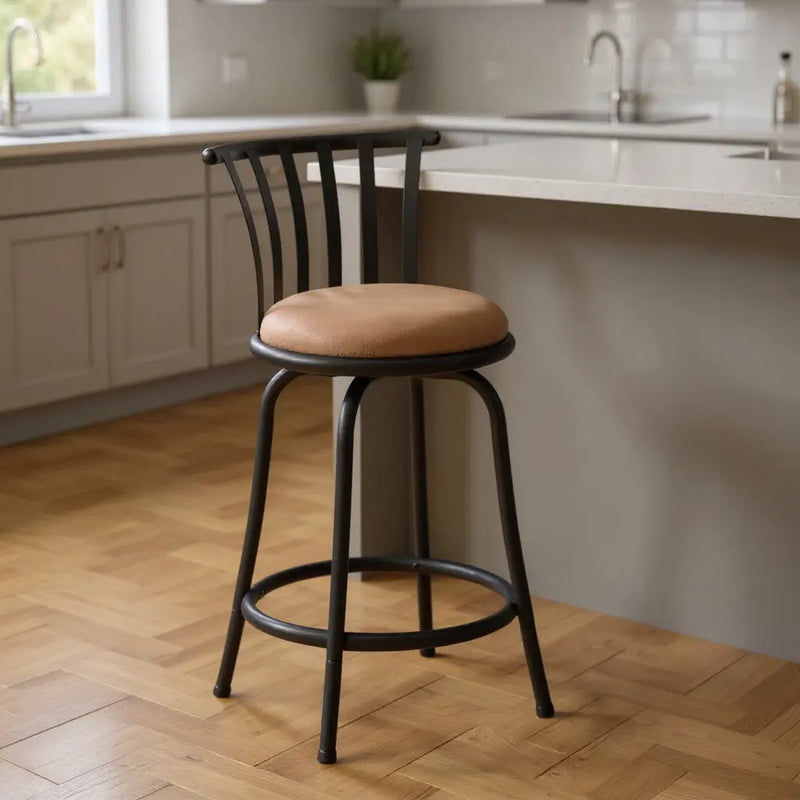 Set of Two 24" Brown and Black Microfiber and Metal Low Back Counter Height Swivel Bar Chairs Homeroots Living Room