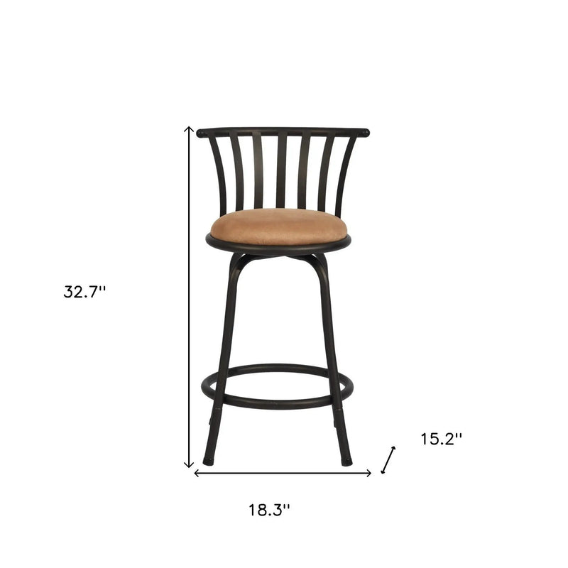Set of Two 24" Brown and Black Microfiber and Metal Low Back Counter Height Swivel Bar Chairs Homeroots Living Room
