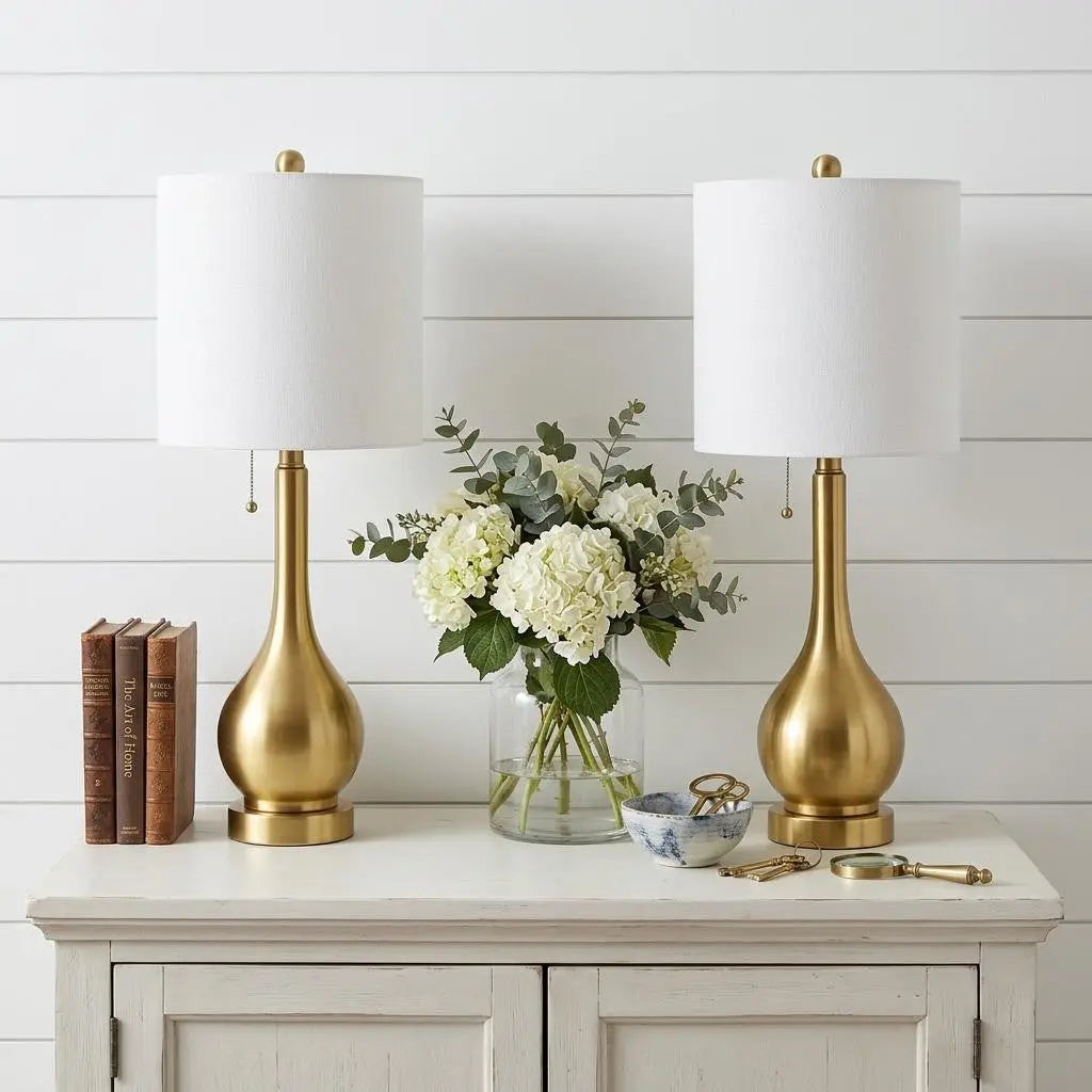 Set of Two 24" Gold Gourd Table Lamps With Drum Shades Homeroots Lighting