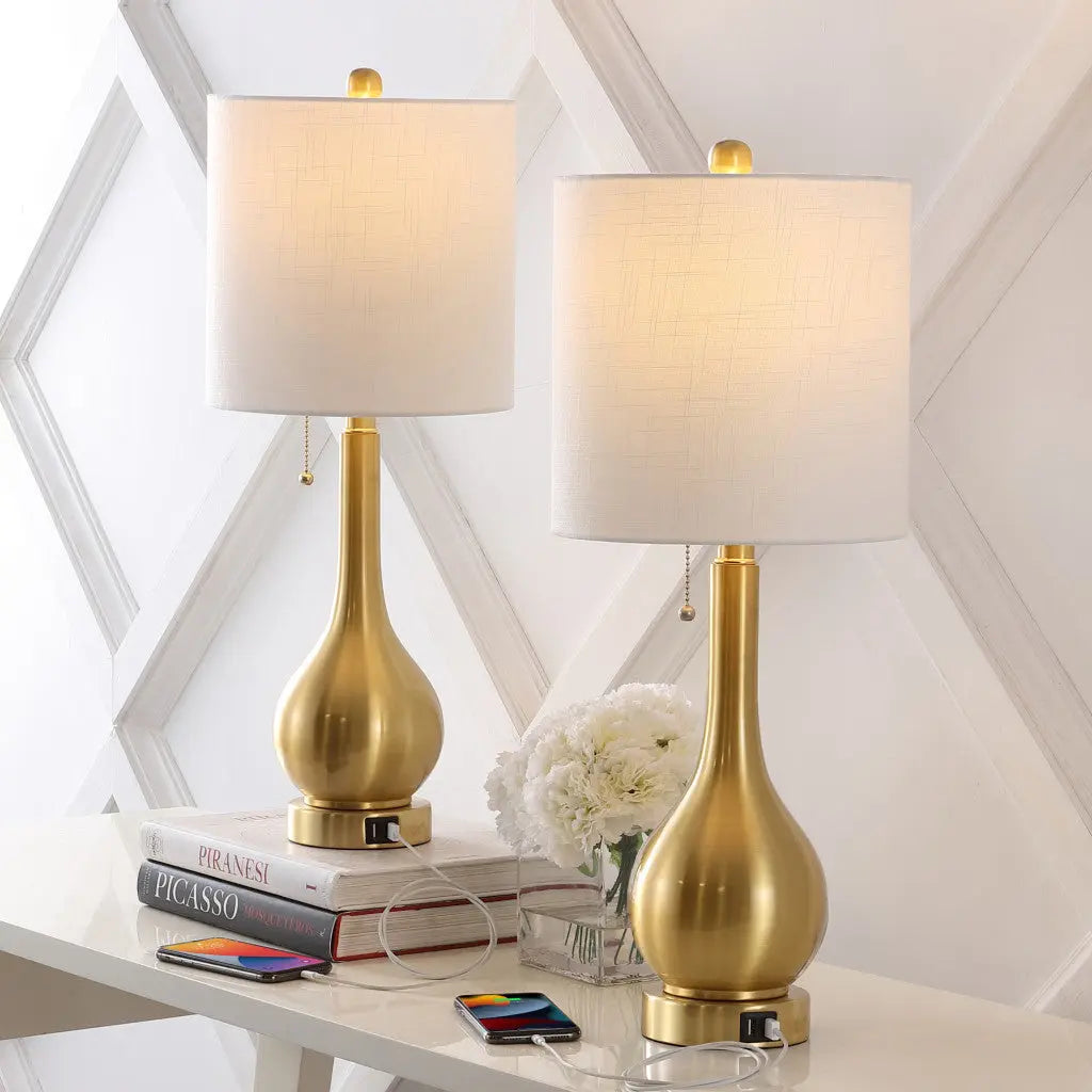 Set of Two 24" Gold Gourd Table Lamps With Drum Shades Homeroots Lighting