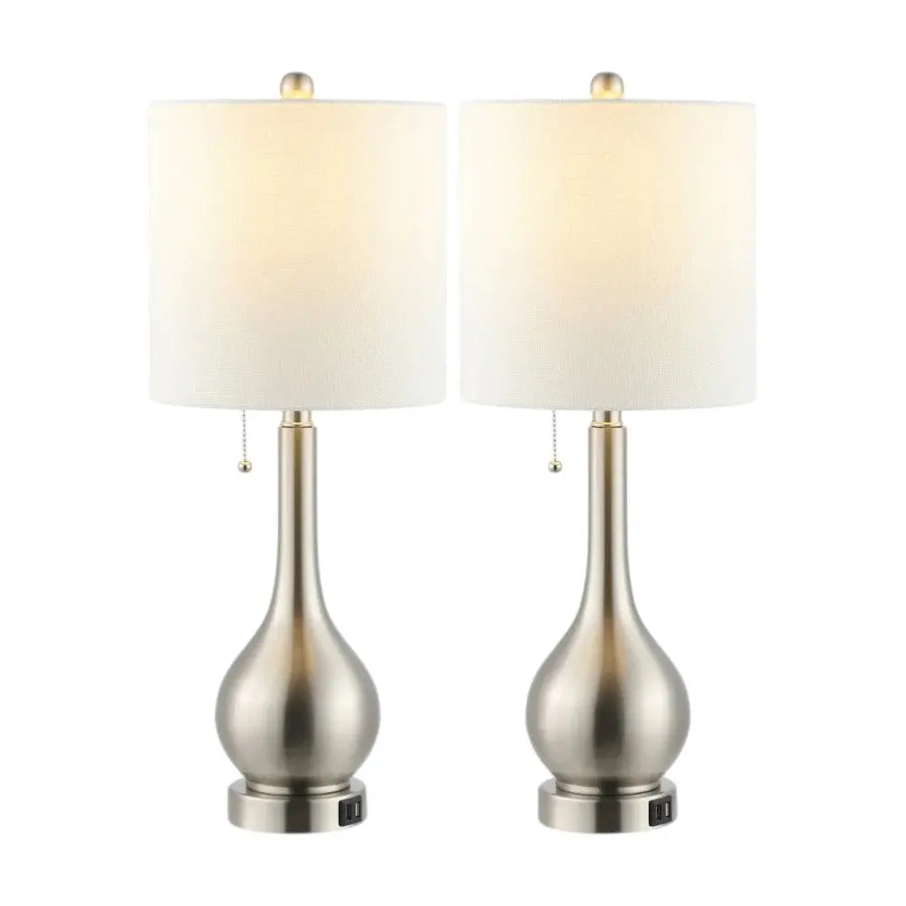 Set of Two 24" Nickel Gourd Table Lamps With Drum Shades Homeroots Lighting