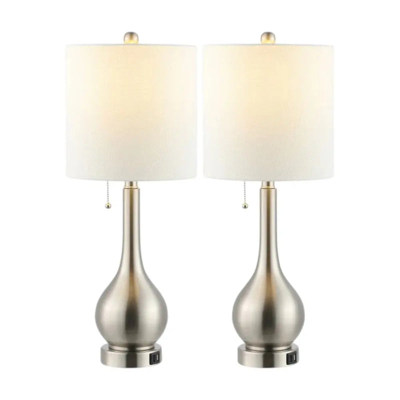 Set of Two 24" Nickel Gourd Table Lamps With Drum Shades Homeroots Lighting