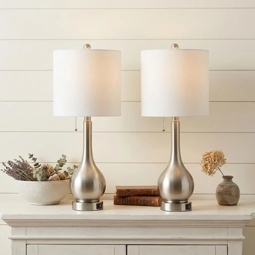 Set of Two 24" Nickel Gourd Table Lamps With Drum Shades Homeroots Lighting
