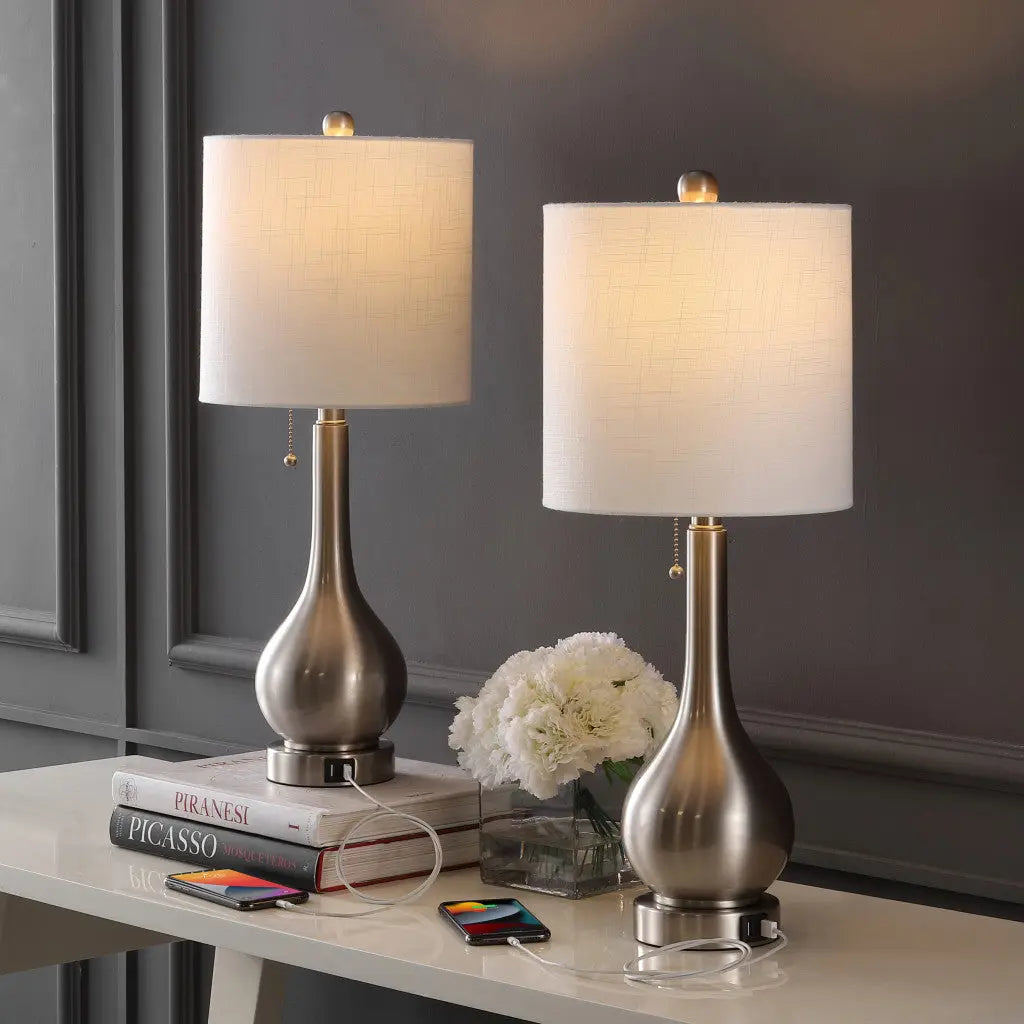 Set of Two 24" Nickel Gourd Table Lamps With Drum Shades Homeroots Lighting