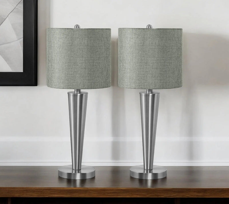 Set of Two 24" Silver Metal Candlestick USB Table Lamps With Gray Drum Shade Homeroots Lighting