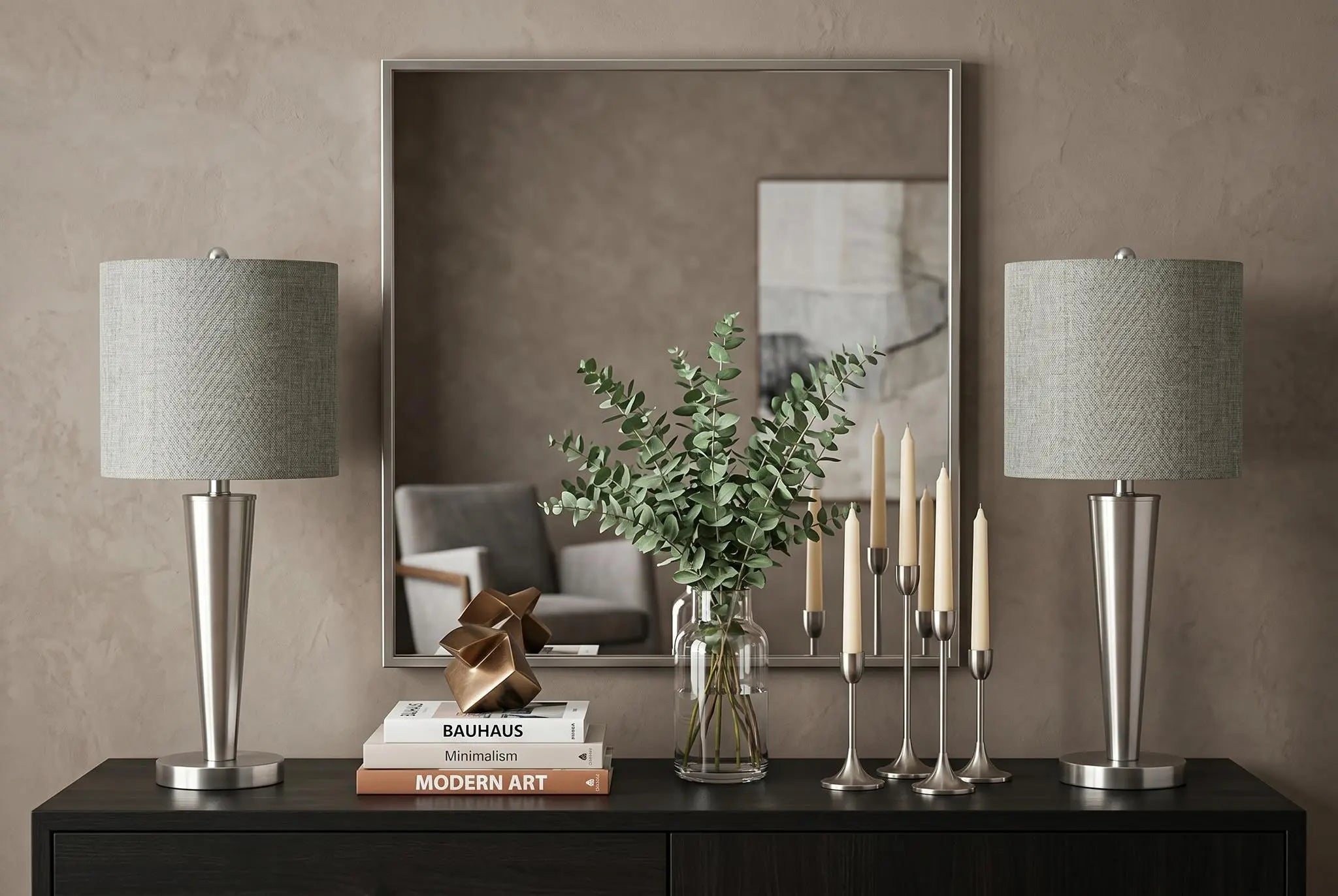 Set of Two 24" Silver Metal Candlestick USB Table Lamps With Gray Drum Shade Homeroots Lighting