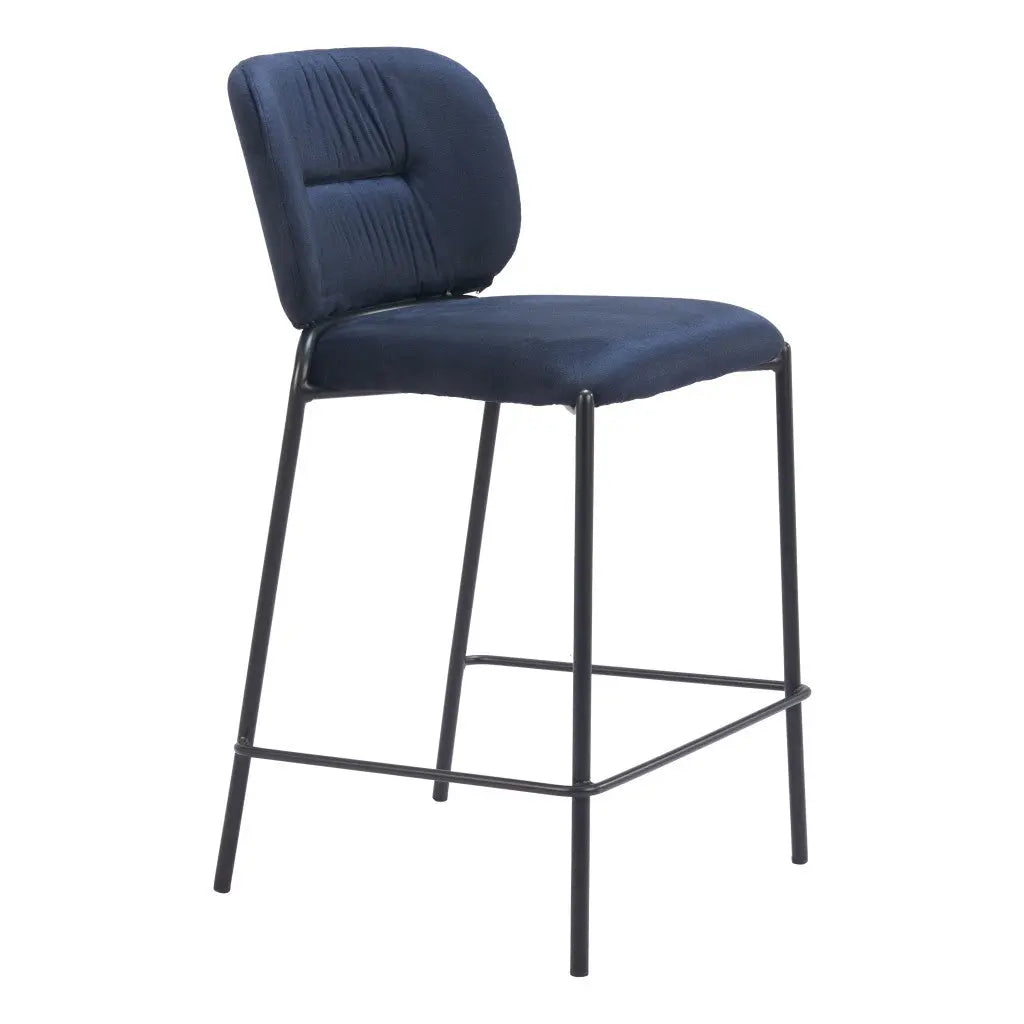 Set of Two 25" Blue and Black Velvet and Steel Counter Height Bar Chairs Homeroots Living Room