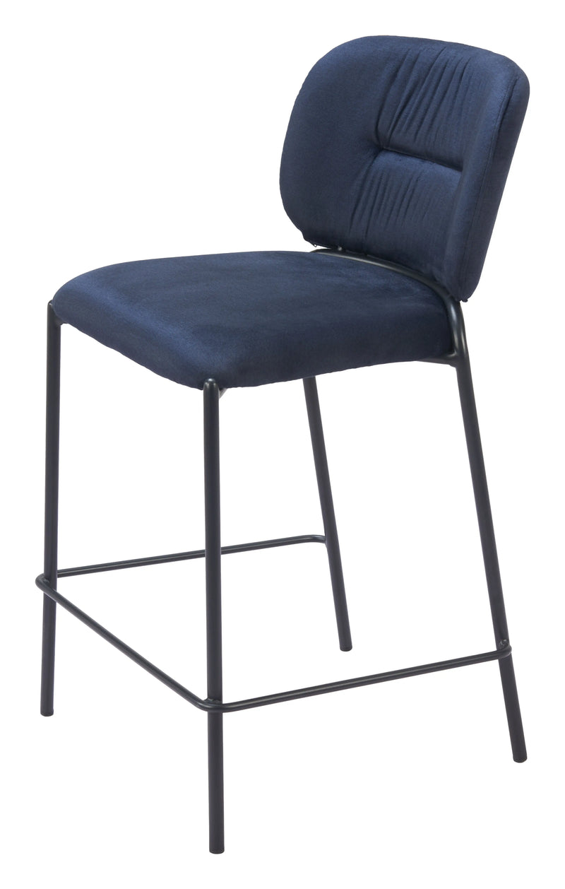 Set of Two 25" Blue and Black Velvet and Steel Counter Height Bar Chairs Homeroots Living Room
