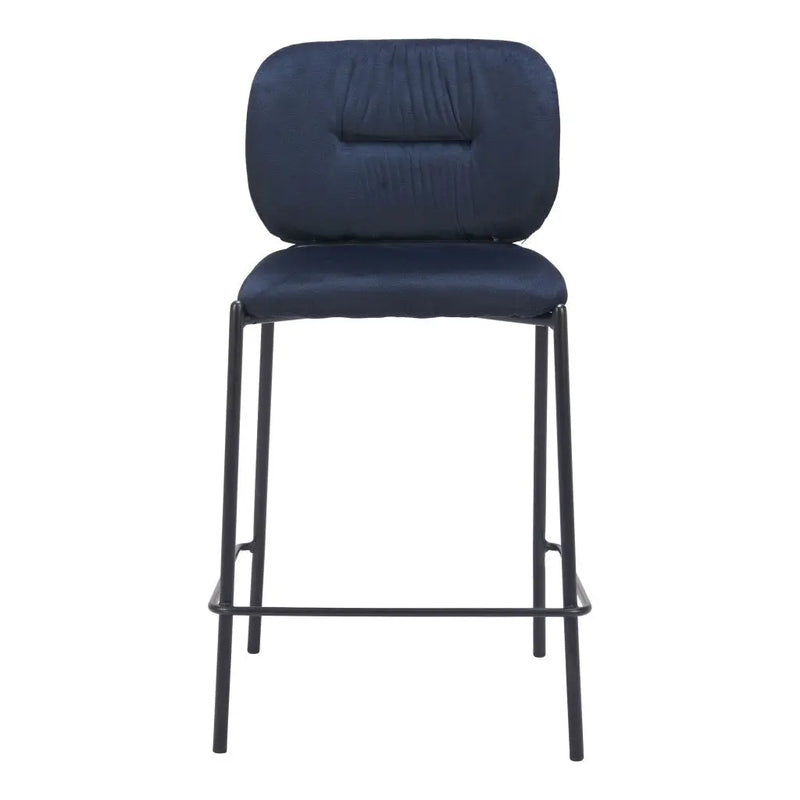 Set of Two 25" Blue and Black Velvet and Steel Counter Height Bar Chairs Homeroots Living Room