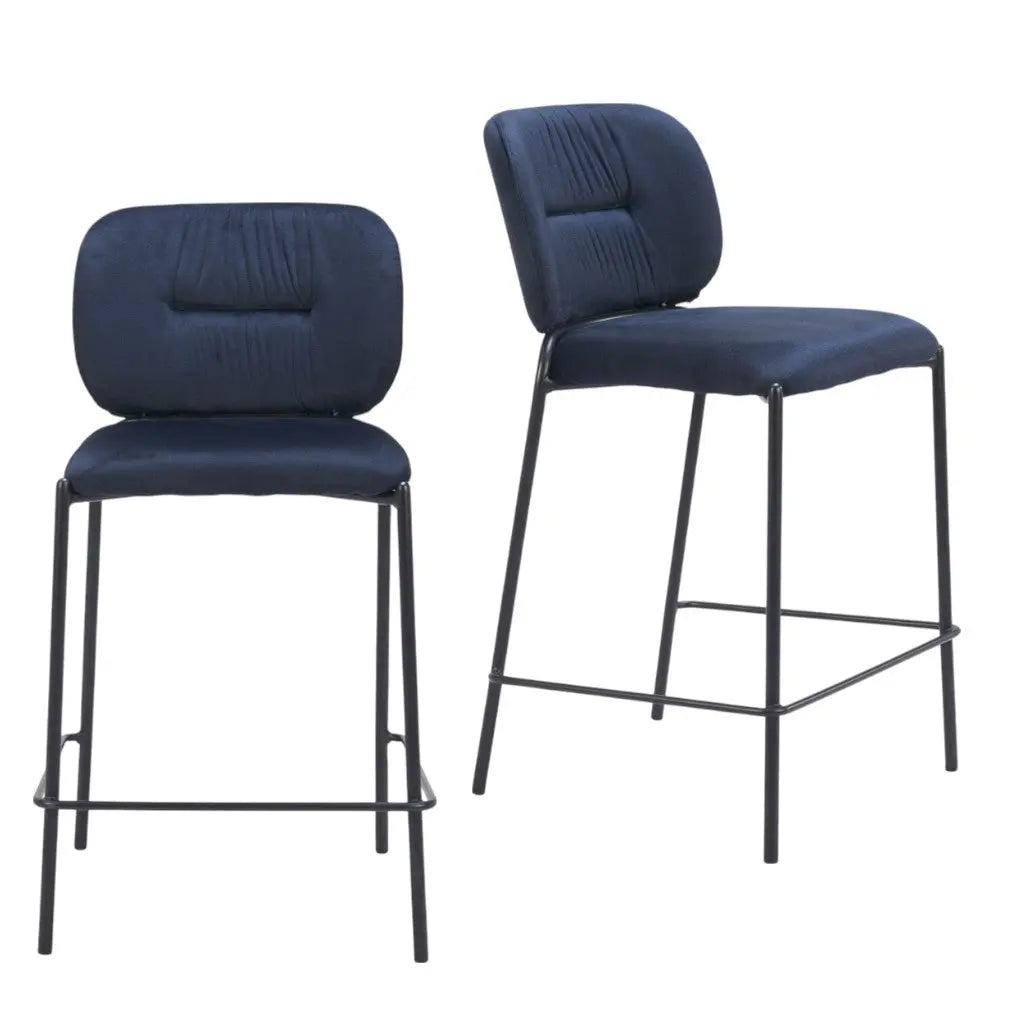 Set of Two 25" Blue and Black Velvet and Steel Counter Height Bar Chairs Homeroots Living Room