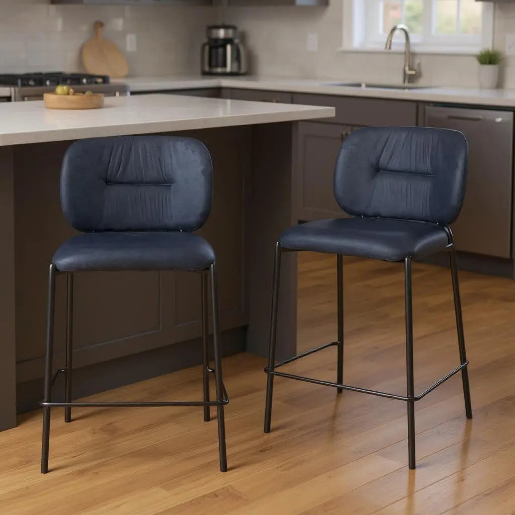 Set of Two 25" Blue and Black Velvet and Steel Counter Height Bar Chairs Homeroots Living Room