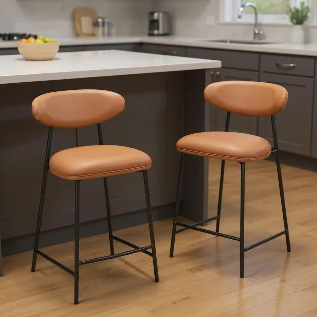 Set of Two 25" Brown and Black Faux Leather and Steel Low Back Counter Height Bar Chairs Homeroots Living Room