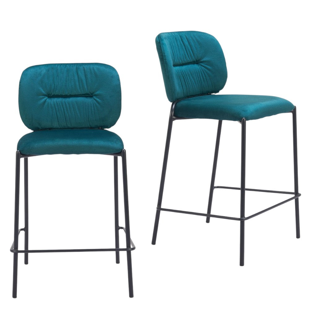 Set of Two 25" Green and Black Velvet and Steel Counter Height Bar Chairs - GreatEagleInc