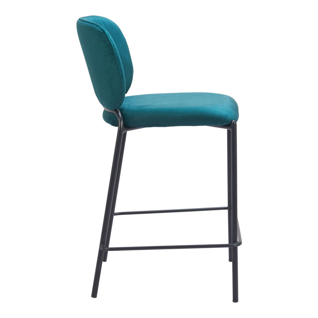 Set of Two 25" Green and Black Velvet and Steel Counter Height Bar Chairs - GreatEagleInc