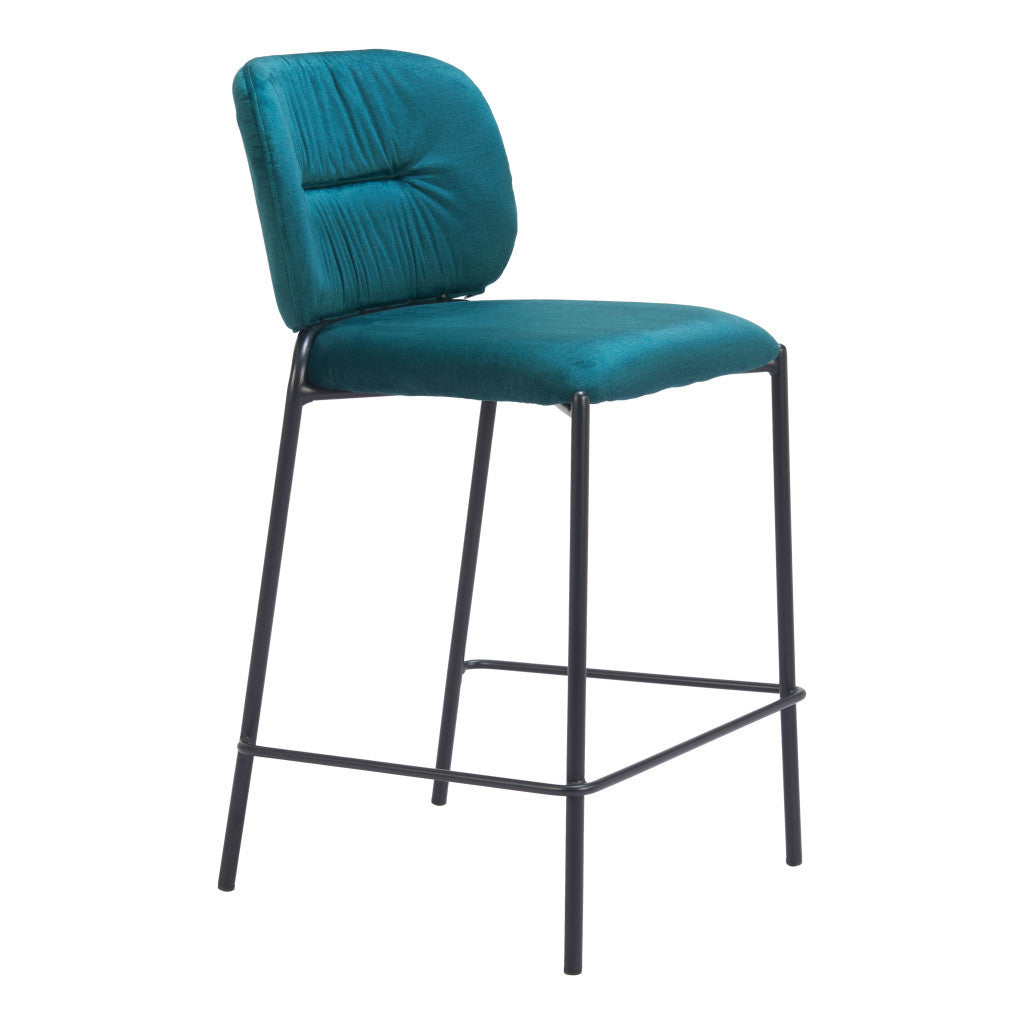 Set of Two 25" Green and Black Velvet and Steel Counter Height Bar Chairs - GreatEagleInc