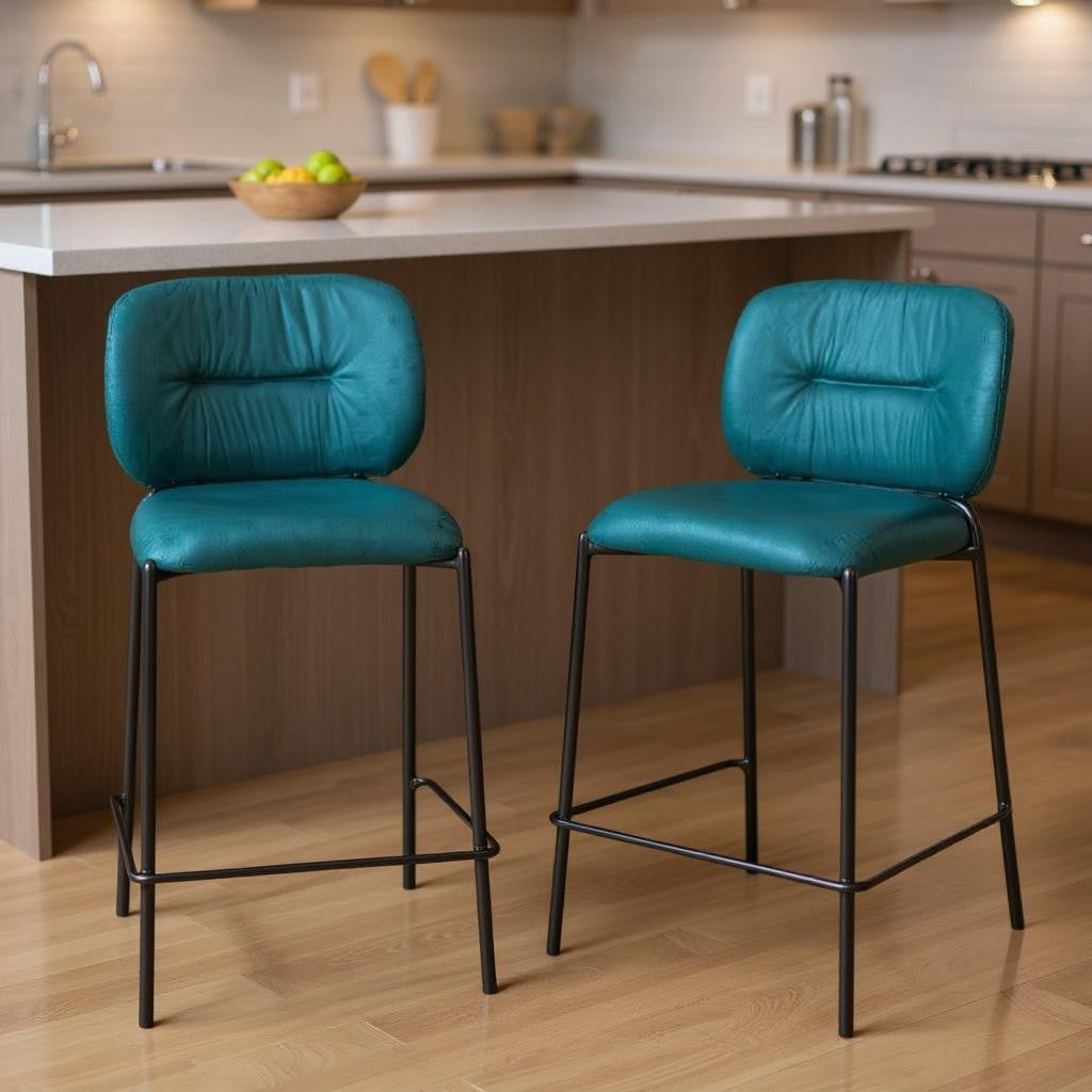 Set of Two 25" Green and Black Velvet and Steel Counter Height Bar Chairs - GreatEagleInc