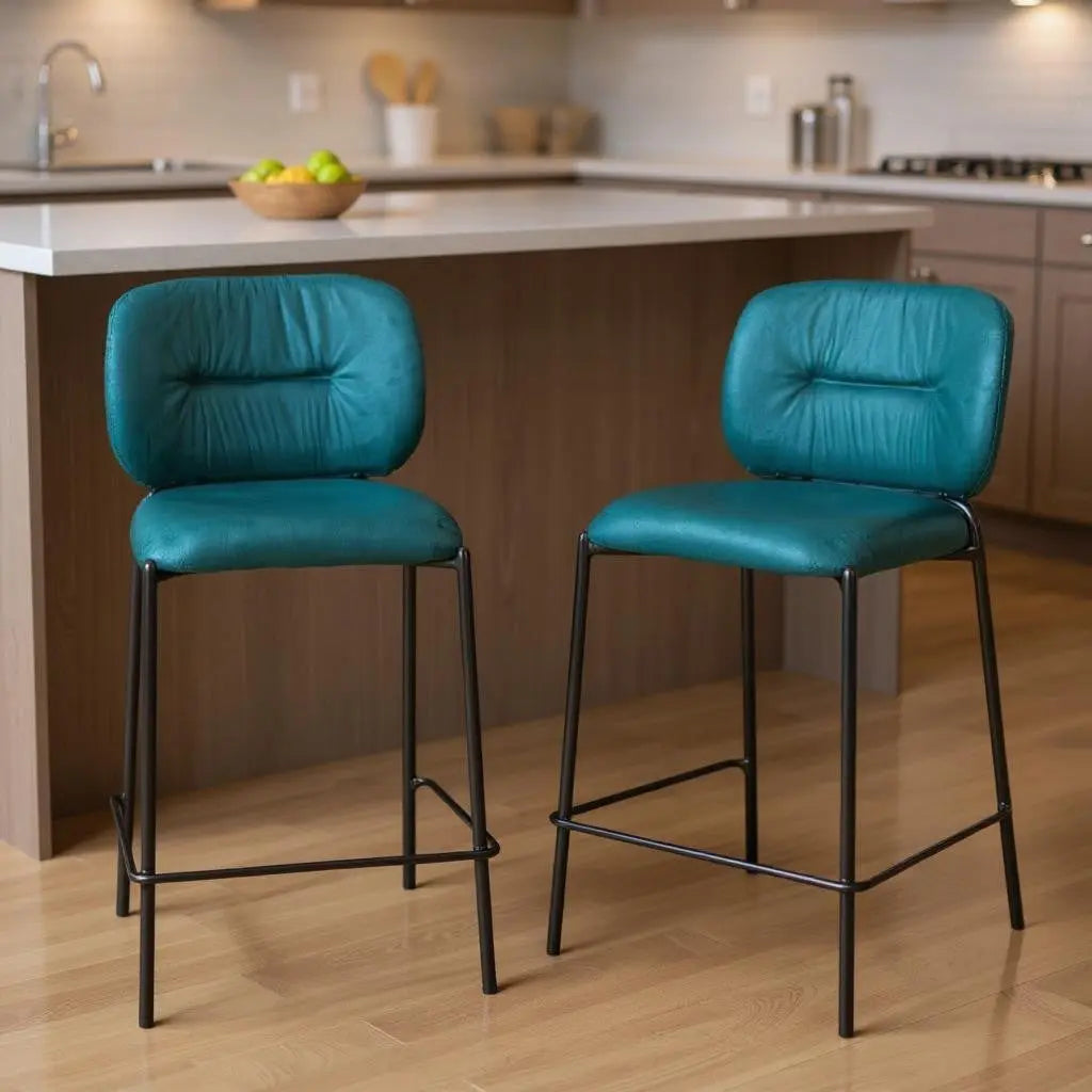 Set of Two 25" Green and Black Velvet and Steel Counter Height Bar Chairs - GreatEagleInc