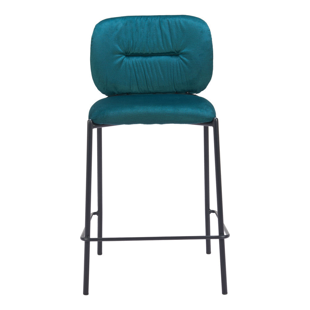 Set of Two 25" Green and Black Velvet and Steel Counter Height Bar Chairs - GreatEagleInc