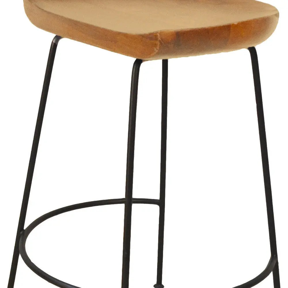 Set of Two 25" Natural and Black Solid Wood and Steel Backless Counter Height Bar Chairs Homeroots Living Room