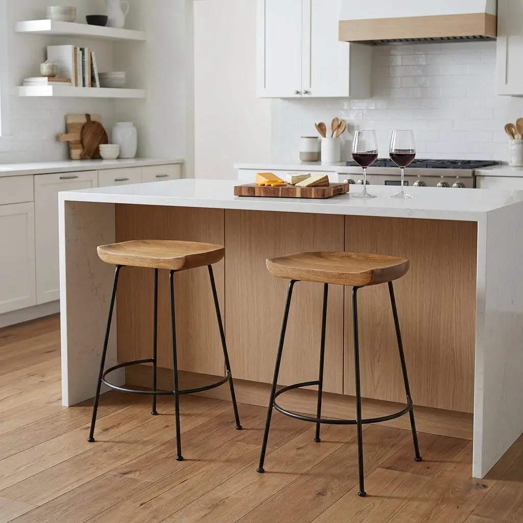 Set of Two 25" Natural and Black Solid Wood and Steel Backless Counter Height Bar Chairs Homeroots Living Room