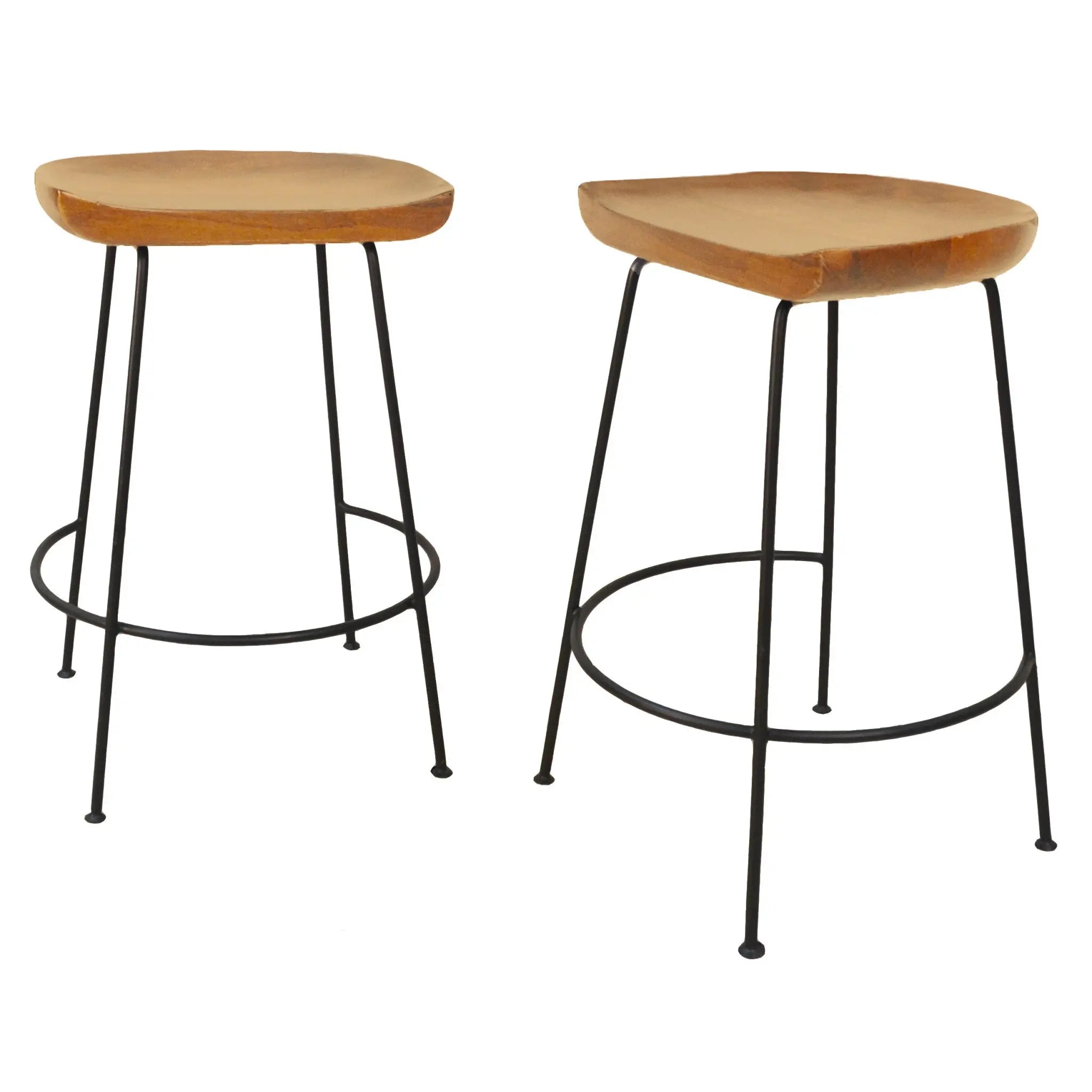 Set of Two 25" Natural and Black Solid Wood and Steel Backless Counter Height Bar Chairs Homeroots Living Room