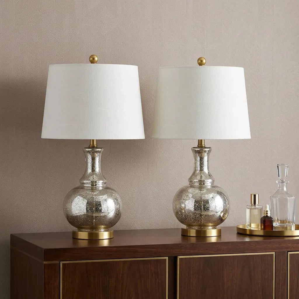 Set of Two 25" Silver Novelty Table Lamps With Drum Shades Homeroots Lighting