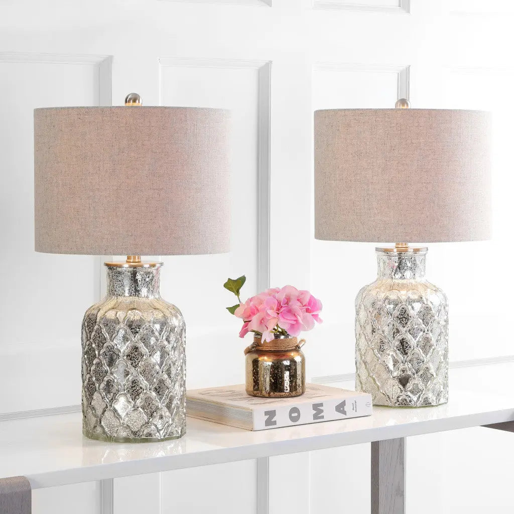 Set of Two 25" Silver Table Lamps With Drum Shades Homeroots Lighting