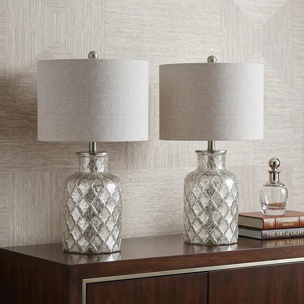 Set of Two 25" Silver Table Lamps With Drum Shades Homeroots Lighting