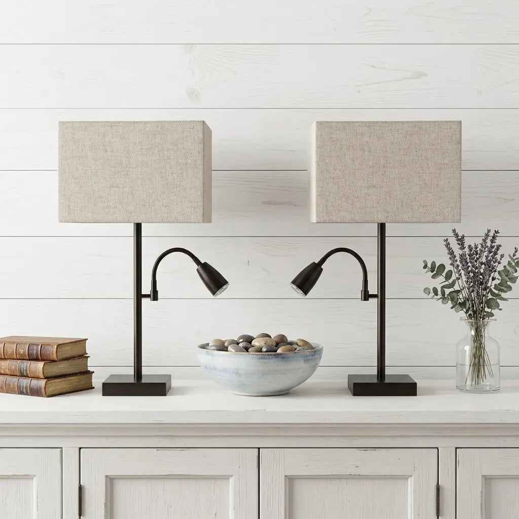 Set of Two 26" Antiqued Bronze Swing Arm Table Lamps With Square Shades Homeroots Lighting