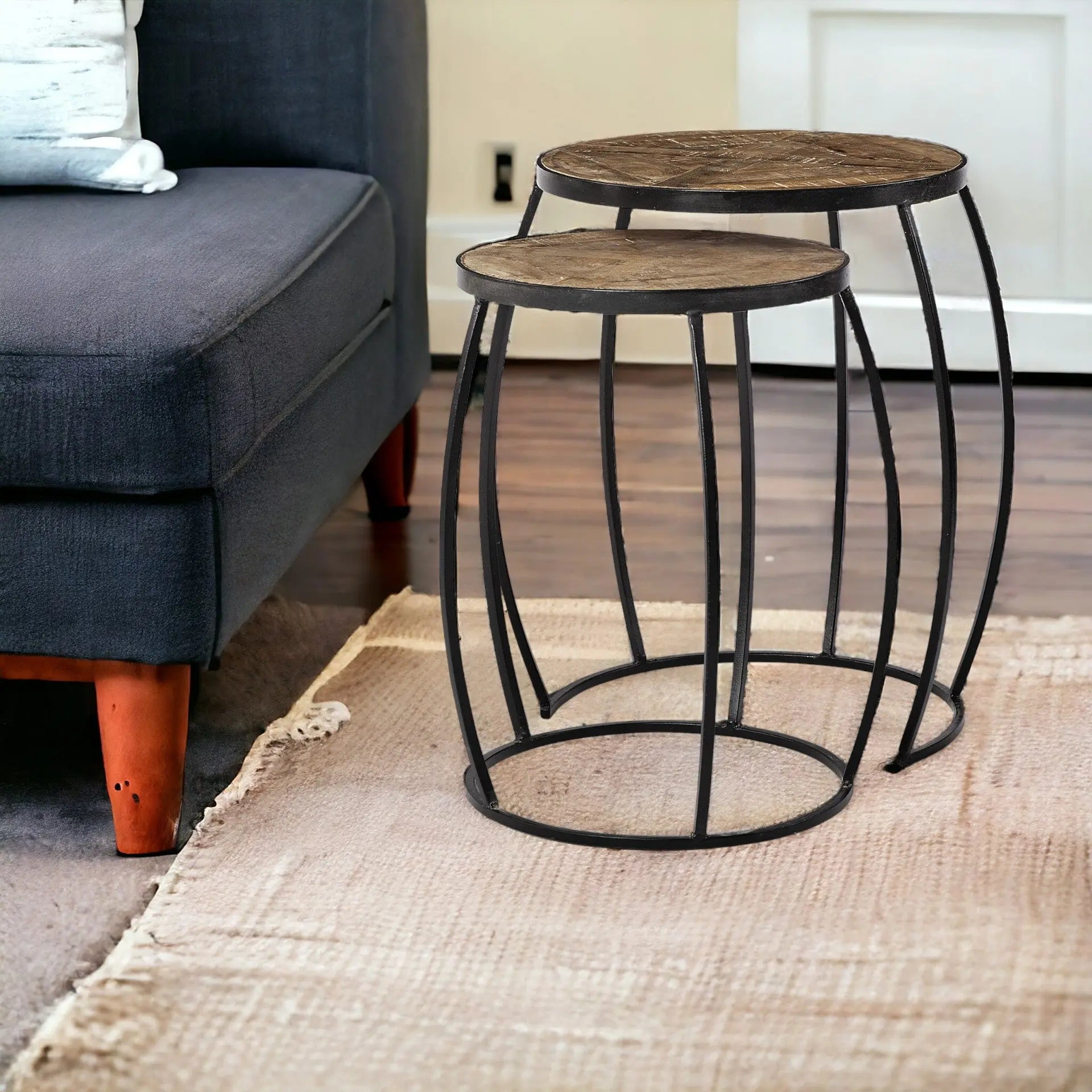 Set of Two 26" Black And Brown Solid Wood Round End Table - GreatEagleInc