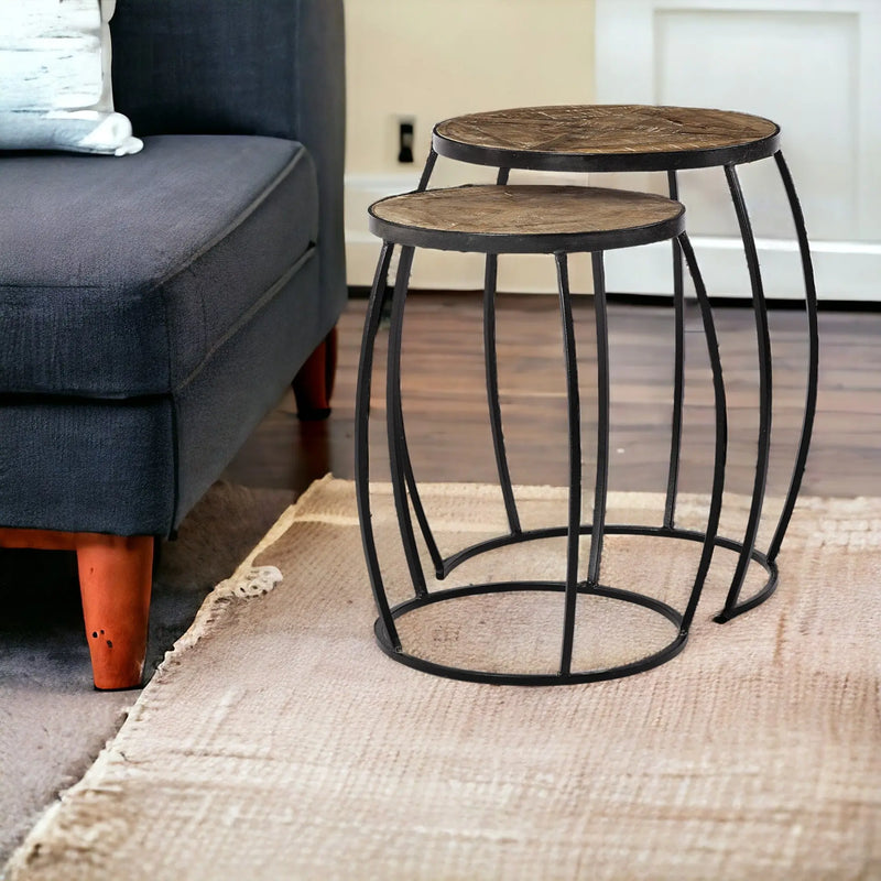 Set of Two 26" Black And Brown Solid Wood Round End Table - GreatEagleInc